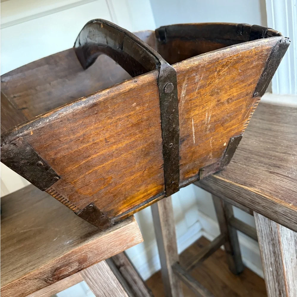 Antique LARGE Chinese Wooden IRON Rice gathering Grain Bucket